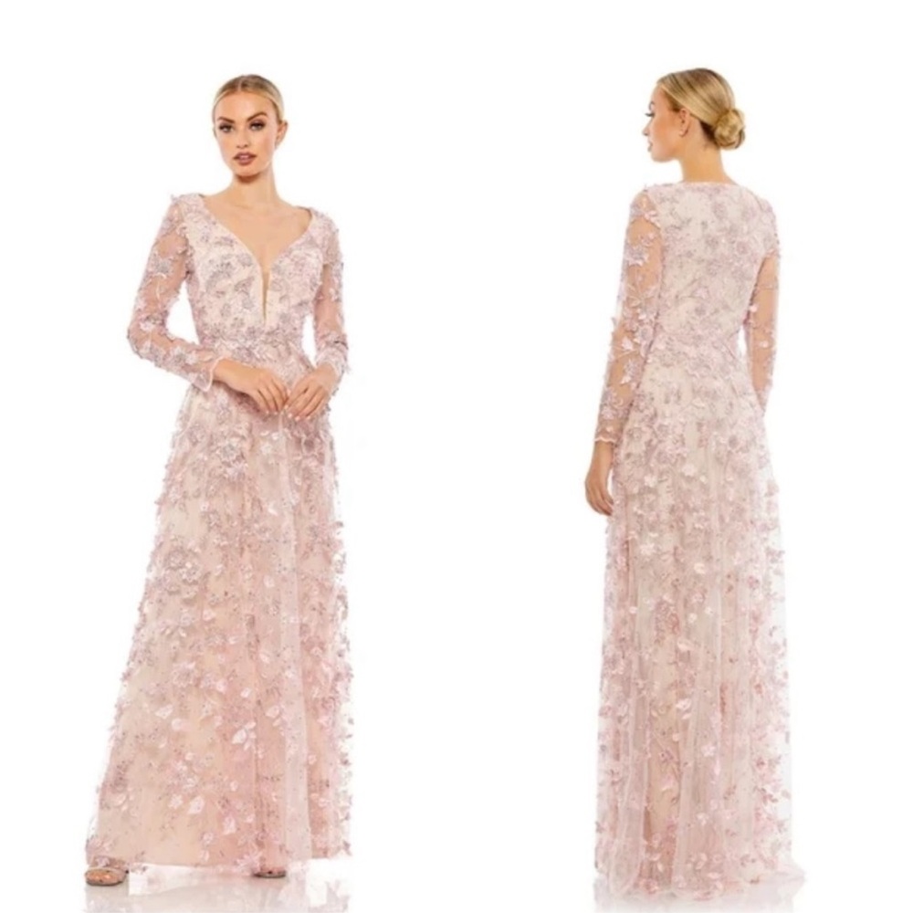 Mac Duggal Floral Applique Long Sleeve Illusion Formal Gown Dress Rose Pink 8